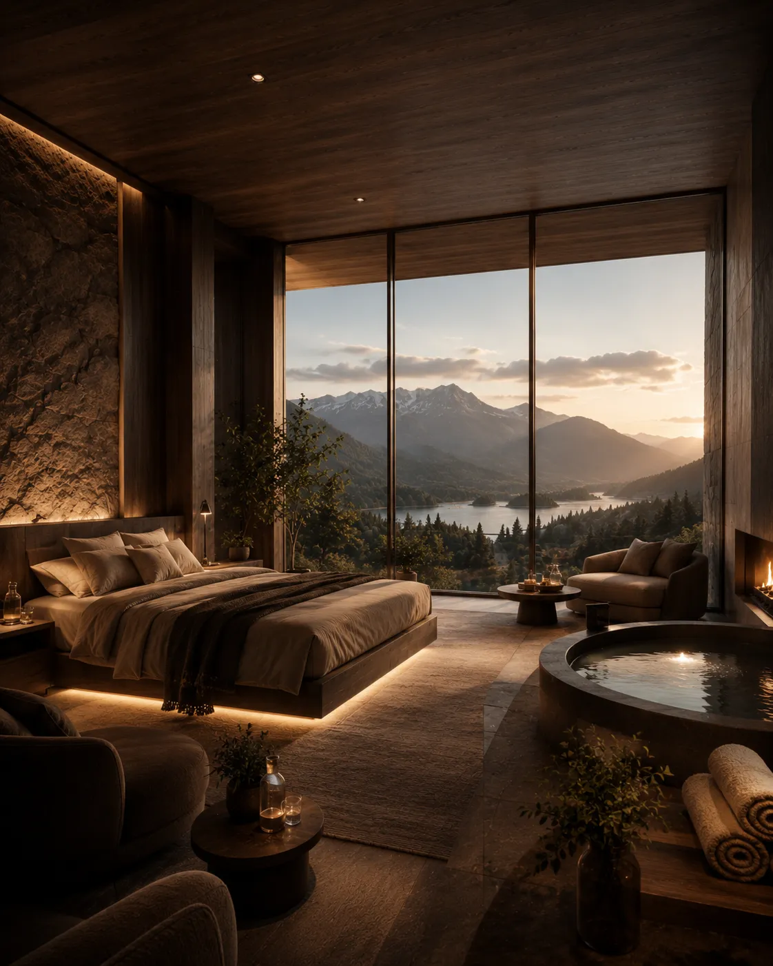 Exklusive Hospitality-Suite mit Bett, privatem Whirlpool, Kamin und Panoramablick auf Berge und See bei Sonnenuntergang