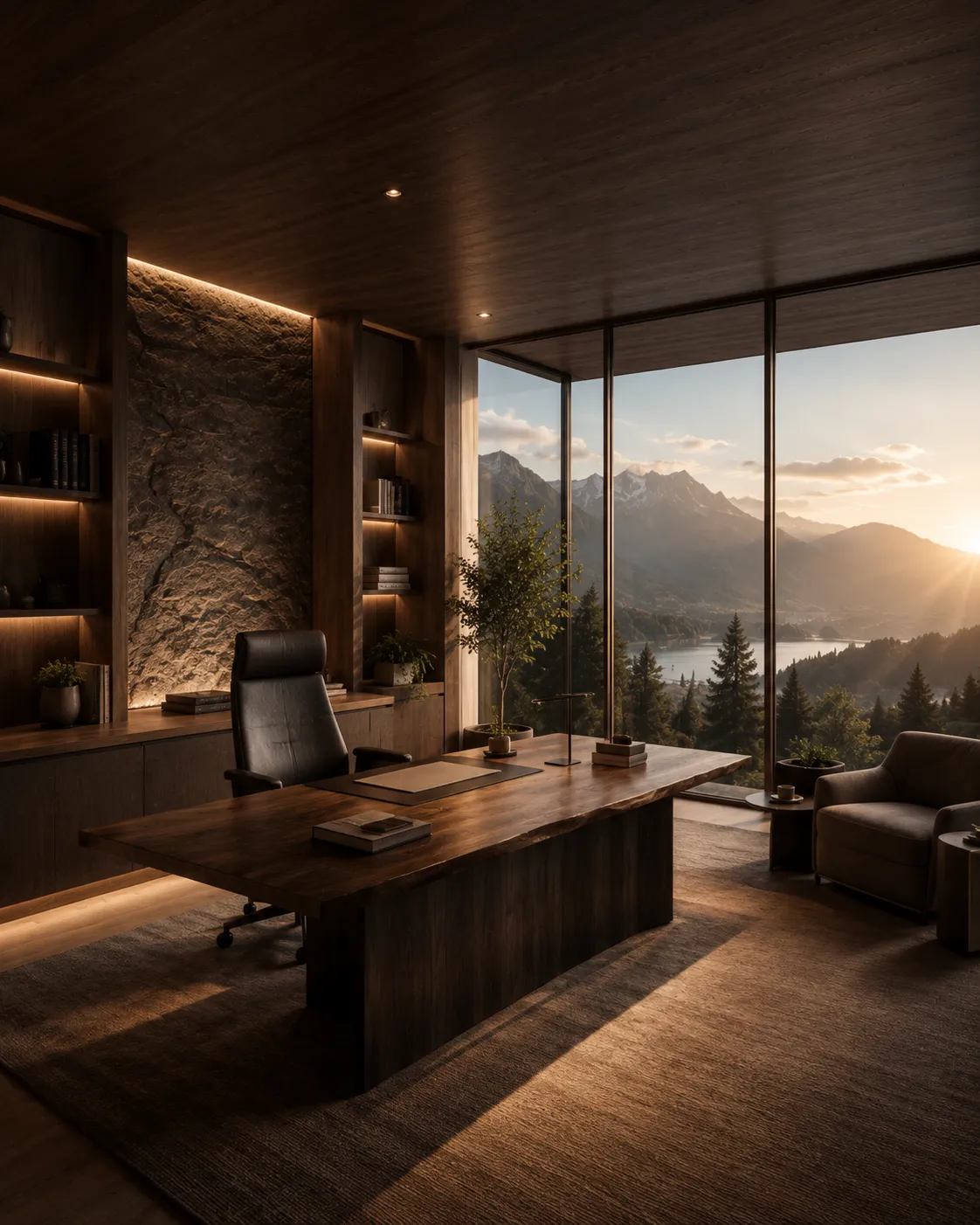 Executive Office mit massivem Holzschreibtisch, Natursteinwand und Panoramafenster mit Blick auf Berge und See bei Sonnenuntergang