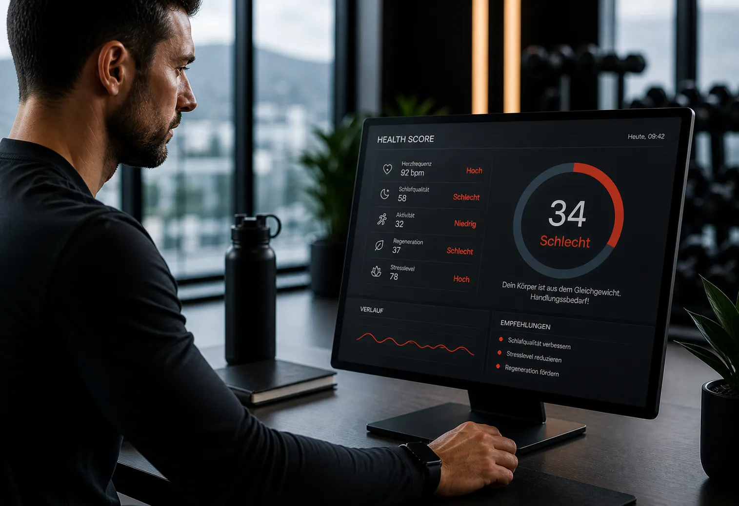 Vitalwerte im Ungleichgewicht auf einem Health-Score-Dashboard vor der Advisory-Begleitung